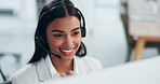 Customer service headset, computer and business woman face consulting in call center, help desk or technical support. Contact us, communication advice or happy female consultant talking on microphone