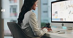 Computer, screen and business woman typing SEO research, company homepage layout or search website info. Wireframe process, office and female web designer working on professional webdesign project