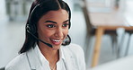 Call center, computer video call and business woman face consulting on telemarketing webinar, tech support or. web communication. Customer care, CRM or female consultant explain on online conference