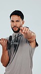 Man, weightlifting with dumbbell and pointing at you, bodybuilder choice with fitness on white background. Exercise, muscle and strong in studio, athlete workout and join or sign up for training