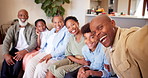 Big family, smile and selfie in home living room, bonding together and healthy relationship. African grandparents, mother and father with children on sofa in lounge, face portrait or laugh for photo