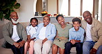 Big family, smile and portrait in home living room, bonding together and healthy relationship. African grandparents, mother and father with children on sofa in lounge, happy kids relax or funny laugh