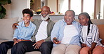 Grandparents, children and remote for switching channels on television, relaxing and laughing at home. Black family, streaming movie or watching online, internet connection and subscription to news