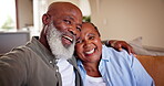 Senior couple, embrace and love in selfie, support and commitment to marriage or happy at home. Black elderly people, hug and laughing for humor in portrait, smile and photograph for profile picture