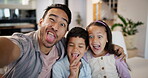 Funny face, siblings or father in selfie with kids in lounge or home on social media together for memory. Parent, joy or dad with happy family for picture or photograph with love, vlog or children