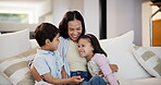 Love, siblings or mom with children to hug in home for care, safety or bonding together to relax. Smile, sofa or happy single parent mother with fun kids for support, trust or comfort in family house