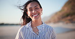 Summer, travel and face of happy woman at a beach with positive energy, attitude or mindset outdoor. Freedom, wind and portrait of female person at sea for holiday, vacation or adventure in Miami