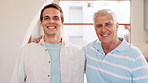 Face, senior father and man with son, happy or funny laugh together in home on lens flare. Portrait, elderly dad and smile of adult, family bonding together for connection or embrace for relationship