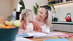 Mother, girl child and book for writing, reading and learning for development with care, love and bonding. Mom, kid and support with teaching, support and drawing with notebook in kitchen at house