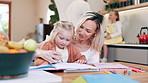 Mother, girl kid and book for writing, reading and learning for development with care, love and bonding. Mom, child and support for teaching, support or drawing on notebook in kitchen at family house