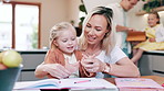 Mother, girl child and counting fingers for mathematics, development or learning together in kitchen. Parents, kids and homework by books, support or teaching numbers with helping hand in family home