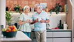 Senior couple, drinking coffee and happy communication in kitchen, bonding and relaxing together. Elderly people, tea and beverage in morning routine, conversation and support in retirement at home