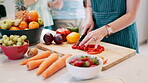 hand, knife and vegetables prepare in kitchen for healthy lunch snack or fruit for nutrition, recipe or pepper. Person, cutting and board or carrots as raw ingredient for salad diet, vegan or organic