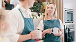 Parents, child and talk in kitchen with coffee, conversation and relax together with bonding, love and care. Father, mother and daughter with tea, drink and listen for chat, connection or family home