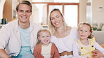 Happy family, face and love on couch in living room, bonding together and care on weekend in house. Young children, parents or smile for portrait on sofa, positive or relax in embrace in modern home