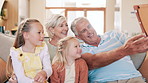 Grandparents, children and tablet for selfie on social media, home and family picture for memories. Elderly people, kids and technology in retirement, happy and camera application for photography