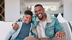 Father, child and hug or face for laughing, funny conversation and communication at home to relax. Black family, daddy and son bonding in living room, happiness and love or embracing in portrait