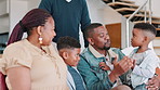 Love, support and black family on a sofa with conversation, communication and bonding at home together. Care, trust and kid speaking to parents in a living room for chat, listening or discussion