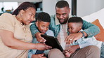 Happy family, living room sofa and tablet with technology, playing games and bonding together indoors. Mother, father and enjoy with children, internet and lounge for childhood memories in house