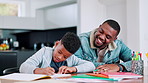 Homework, help and father and son in kitchen with books for studying, learning or teaching at home together. Education, child development and black family in house for writing, project or math lesson