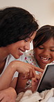 Smile, mother and kid on tablet in home, learning or conversation of funny family bonding together. Happy mom, girl and child on tech to watch video, cartoon or play game on education app in bedroom