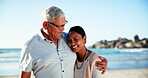 Senior man, daughter and happy on beach together, bonding and holiday vacation by sunset with lens flare. Father, woman and care embrace in smile by ocean, family and love on travel adventure by sea