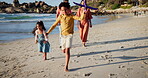 Family, children and paper plane or beach play or together adventure for holiday, bonding or travel. Parents, siblings and flying game with toy or running at water on journey for summer, trip or joy