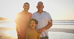 Generations, face and happy on beach for together, bonding and holiday vacation by sunset with lens flare. Grandfather, son and grandchild in portrait with smile by ocean and love on travel adventure