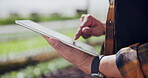 Hand, tablet and inspection at greenhouse for sustainability quality assurance for supply chain, gardening or vegetables. Person, typing and farm land for countryside soil, environment or networking
