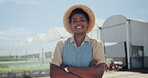 Woman, farmer and happy with arms crossed by greenhouse for agriculture, plant sustainability and ecology. Farming, african person and portrait outdoor with confidence, pride and smile for production