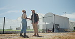 Greenhouse farming, shaking hands or people in partnership for agriculture production or teamwork. Walk, welcome or man with woman in sustainable business collaboration, deal or handshake agreement
