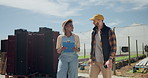 Clipboard, agriculture and people in conversation on farm for quality check, research or development. Discussion, checklist and young farmers working in sustainable, agro or eco friendly environment.