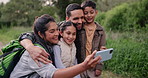 Selfie, happy kids or parents hiking in forest to relax on holiday vacation together in nature in Peru. Family, park or mom in woods taking a photo on outdoor adventure with girl, boy or kid for love