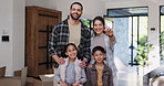 Love, family and keys to new home for goals, target or investment and milestone celebration closeup. Portrait, smile or happy with mother, father and kids proud of property or real estate purchase