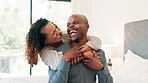 Face, laughing or black couple hug in bedroom bonding together to relax with support, trust or love. Morning, support or portrait of African man with smile, care or happy woman at home in a marriage