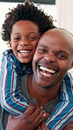 Smile, hug and portrait of dad with son in bedroom for morning love, bonding and care. Pajamas, embrace and happy man with laughing child in home, excited and spending time together for fathers day