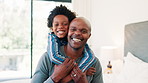 Smile, face or father with children to hug in home for care, safety or bond together to relax. Love, bedroom or happy single parent dad with fun kid for support, trust or comfort in a black family