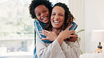 Laughing, face or mother with a happy child to hug in home for care, safety or love together to relax. Smile, bedroom or single parent mom with fun African kid for support or trust in a black family