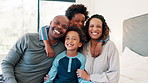 Bedroom, face or black family with happy kids to hug in home for care, safety or love together to relax. Smile, morning or single parent mom with fun African children for support, portrait or trust