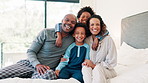 Morning, face or black family with happy kids to hug in home for care, safety or love together to relax. Smile, bedroom or single parent mom with fun African children for support, portrait or trust