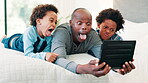 Black family, bed and tablet with selfie, funny face and tongue out in the morning. Laughing, laptop and happy father with children together with care, meme and social media post at home online