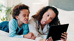 Selfie, tablet and mother and son on a bed with crazy, expression or funny faces in their home. Love, family and African mom with kid in a bedroom for digital photography, profile picture or memory