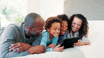 Tablet, happy and children with parents on bed watching funny, comic or comedy video on social media. Laugh, bond and boy kids relax and stream movie on digital technology with mom and dad in bedroom