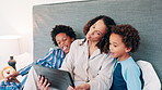 Selfie, tablet and mother with kids on a bed with crazy, expression or funny faces at home. Love, family and African mom with children in a bedroom for digital photography, profile picture or memory