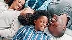 Parents, children and laughing in bed or above for morning connection for relax holiday, communication or love. Black man, woman and siblings happiness in home for rest together, vacation or funny