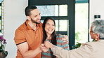 Couple, realtor and keys for home moving or buying real estate for new beginning, investment or happy. Man, woman and agent at front door as mortgage together for residential loan, apartment or house