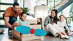 New home, dad and pushing child in box for bonding or moving in a house property together. Real estate, family and kid with smile, funny boy or happy father playing games to celebrate relocation