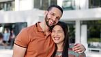 Face of happy couple, hug and real estate for new home, mortgage loan or property investment together. Portrait of homeowner, excited man and proud woman moving into a house in a sale in backyard