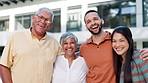 Smile, face and people with senior parents standing in backyard of new family home together. Happy, embrace and portrait of young man and woman with elderly mother and father outdoor of modern house.