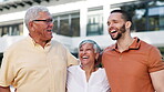 Old couple, son and hug outdoor for connection love on vacation for Mexico holiday trip, support or care. Happy partnership, child and embrace at home together for bonding travel, wellness or relax